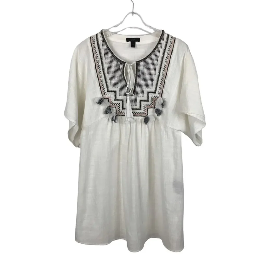 J. Crew Embroidered White Blouse Tassel Beach Cover Tunic Top